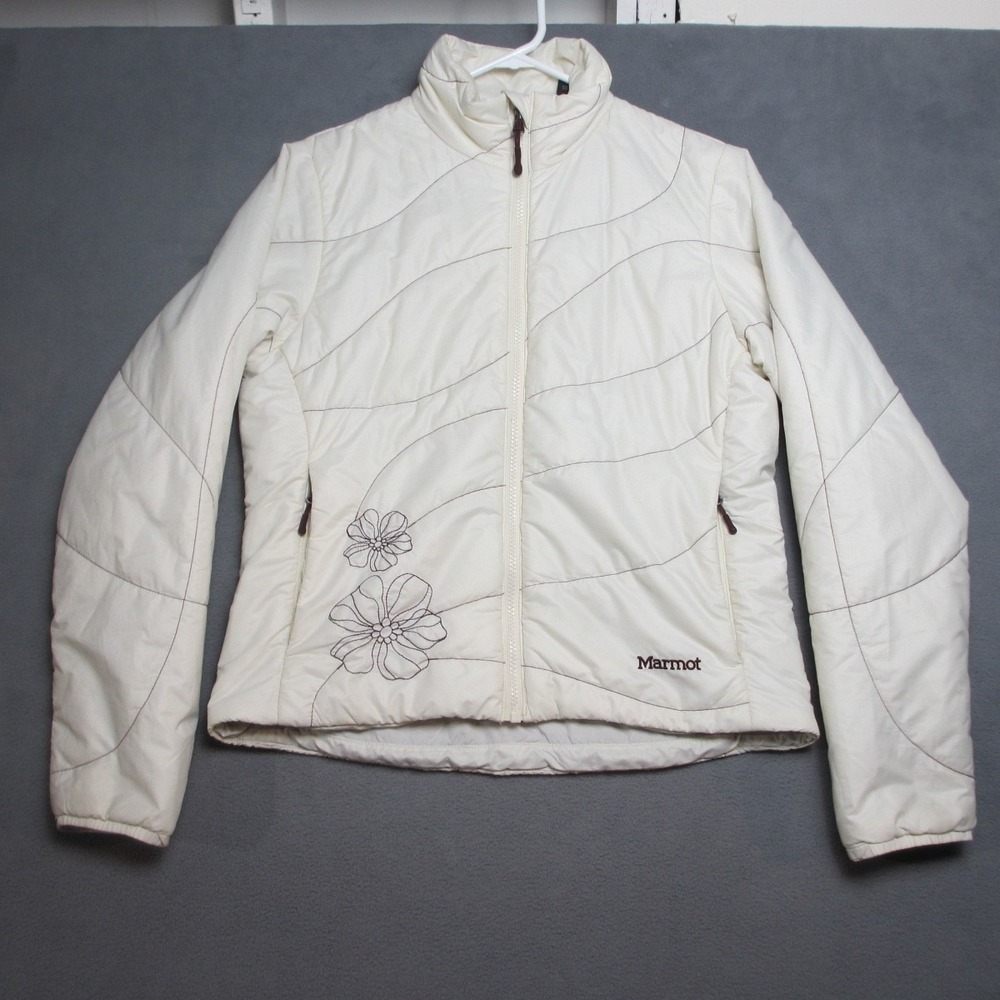 Marmot Jacket Womens Small White Puffer Floral Embroidered Insulated Mock Neck